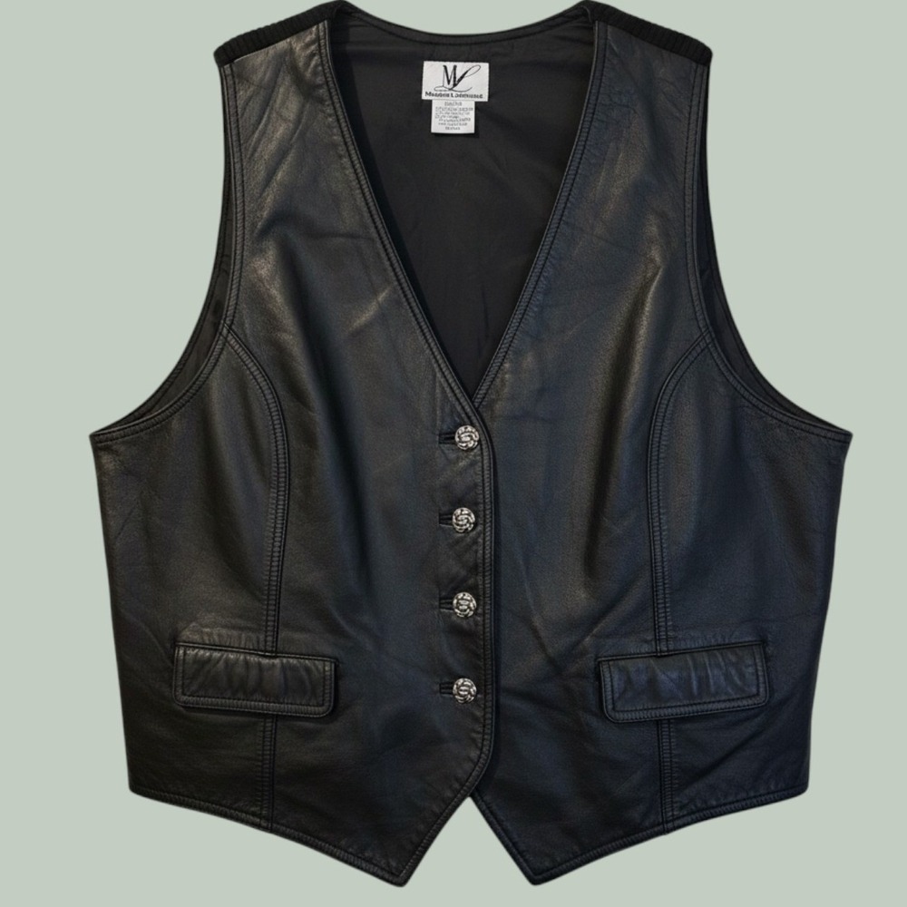 Maggie Lawrence Leather Vest Women 22/24 Black Knit Back Silver Knot Buttons